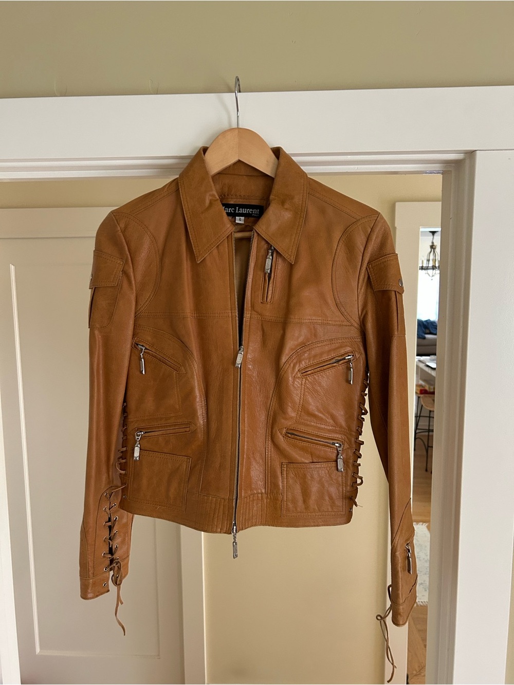 Tan Leather Moto Jacket with Lace-Up Details
